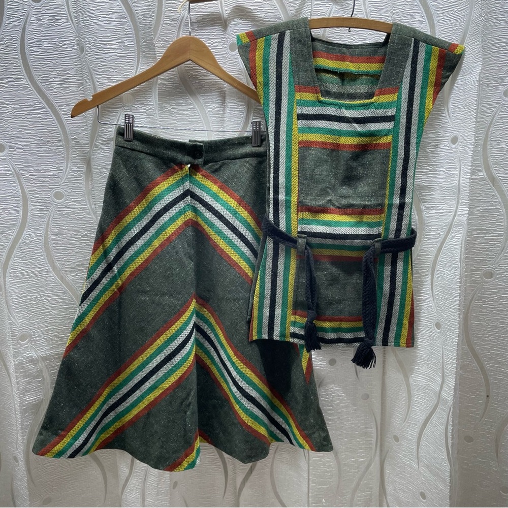 Woven Striped Skirt & Tunic Set Medium Green Boho Vintage GOOD‎